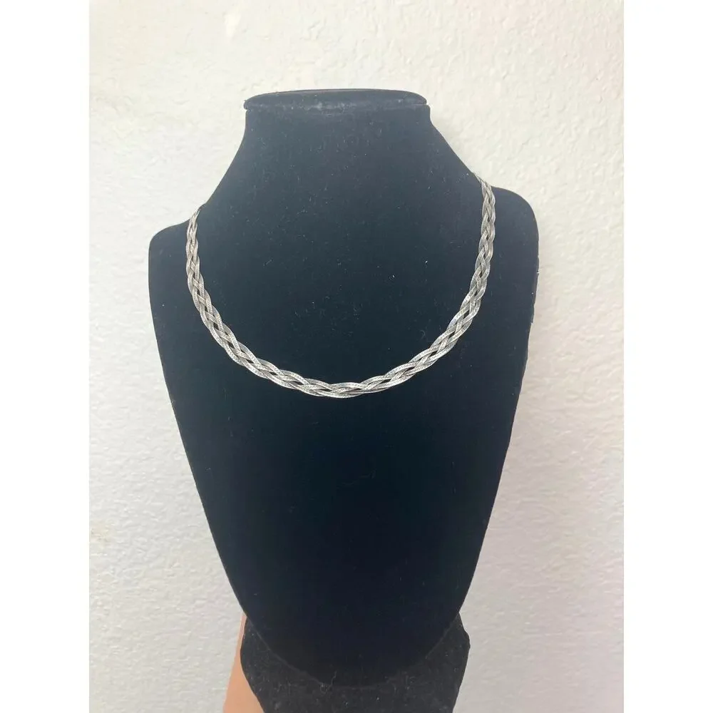 Vintage 90s Quiet Luxury Liquid Silver Woven Braided Herringbone Chain Necklace